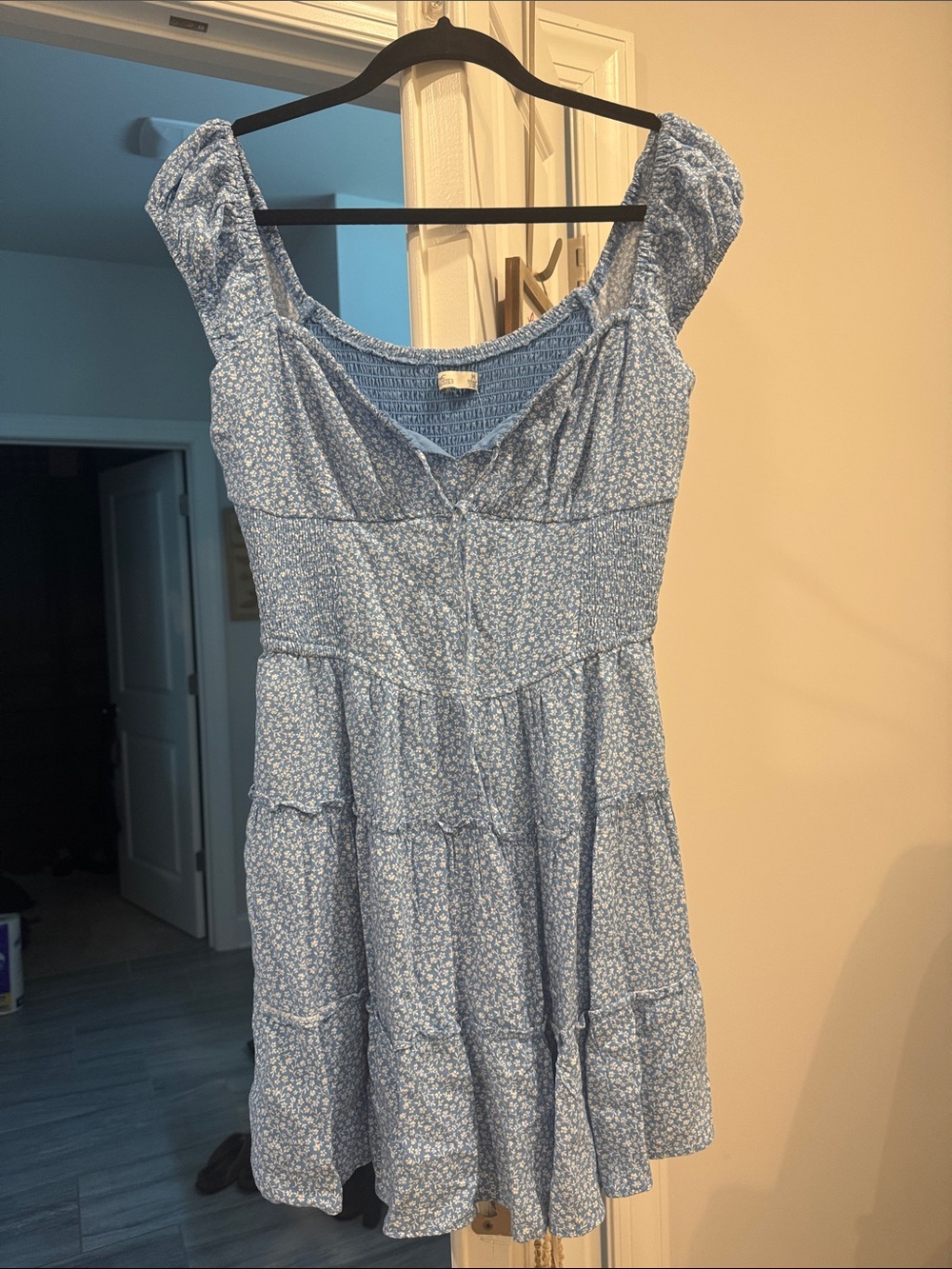 Light Blue Floral Tiered Sundress with Smocked Back
